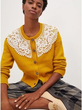 Maeve Mustard Crochet lace -Collar Button Cardigan